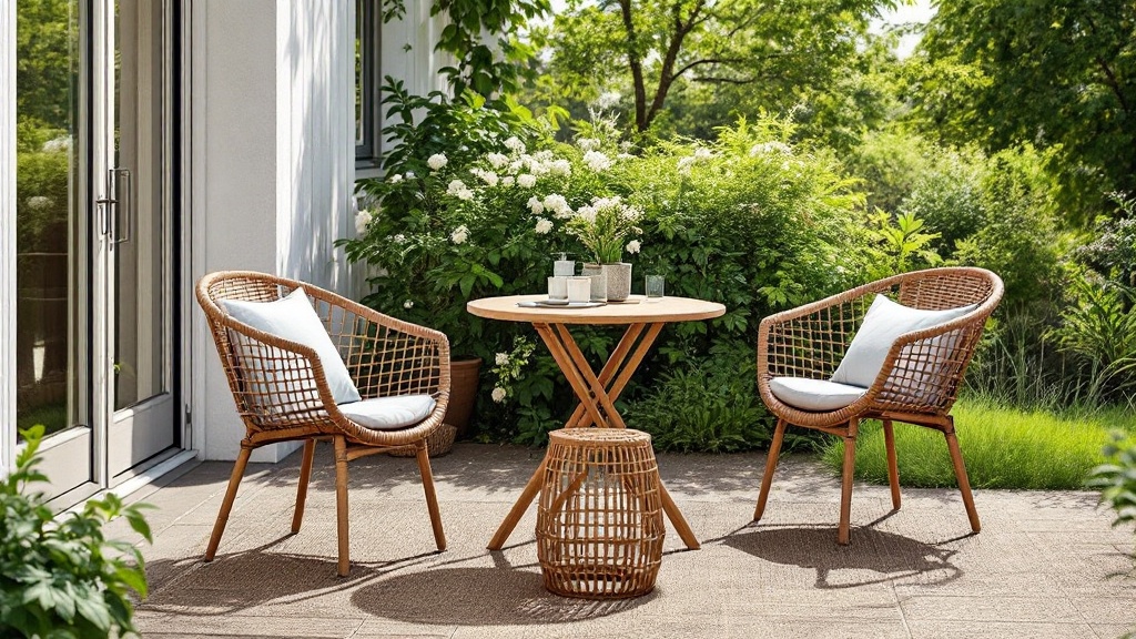 Mały balkon w bloku z zestawem mebli technorattan IKEA KUNGSHOLMEN, donicami i matą tarasową